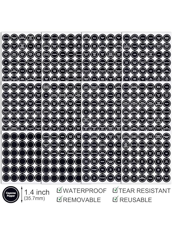 erorex 432Pcs Spice Labels Stickers 1.4In Black Spice Labels Waterproof Adhesive Round Preprinted Spice And Blank Labels For Jars Caps Spice Organizers 12 Sheets .  - Image 2