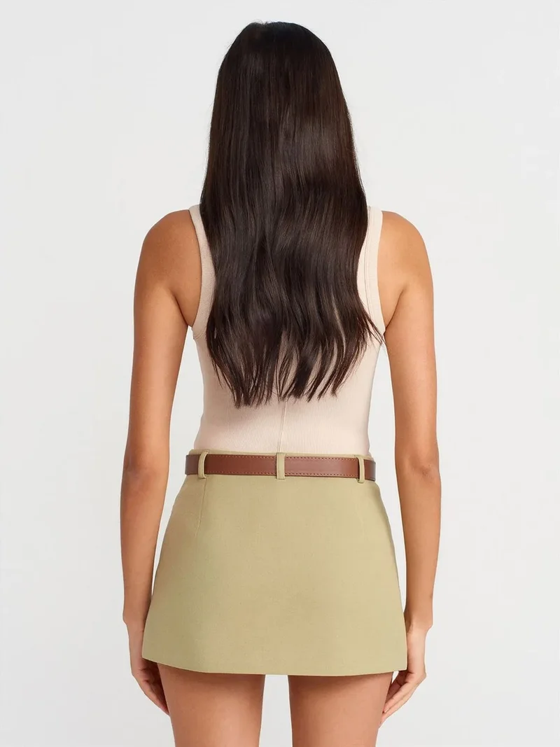 Dilvin DILVIN High-Waist Belted A-Line Mini Skirt