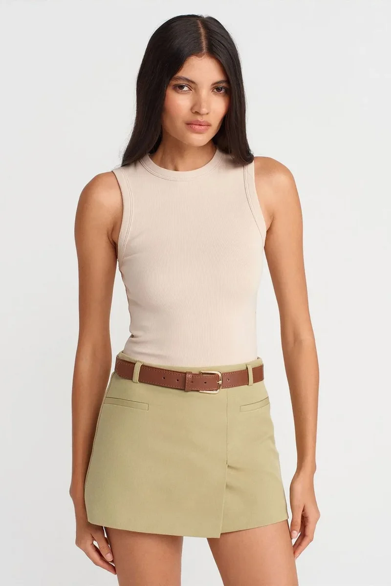 Dilvin Khaki Green DILVIN High-Waist Belted A-Line Mini Skirt for Women | Best Price UAE