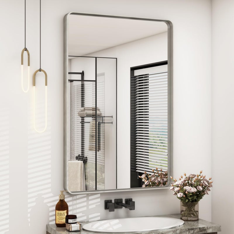 CHARMOR 24x36 Silver Bathroom Mirror for Wall Brushed Metal Framed Bathroom Vanity Mirror Modern Rounded Corner Rectangle Mirror AntiRust HorizontalVertical
