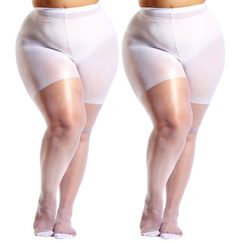 HONENNA 2 Pairs Plus Size Sheer Tights for Women, 17 Colors Ultra Thin Pantyhose Reinforced Toes High Waist Stockings, White 2 Pairs 3XL-4XL - Image 1