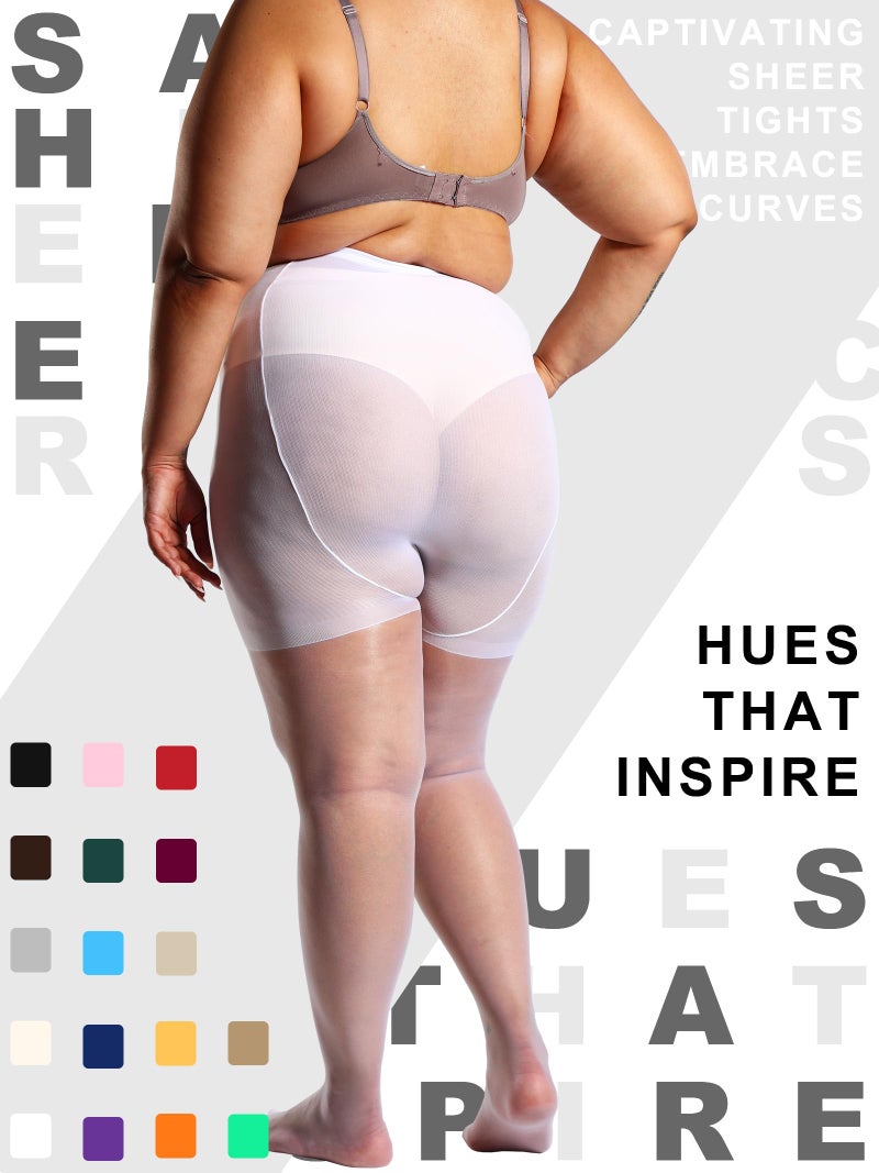 HONENNA 2 Pairs Plus Size Sheer Tights for Women, 17 Colors Ultra Thin Pantyhose Reinforced Toes High Waist Stockings, White 2 Pairs 3XL-4XL - Image 3