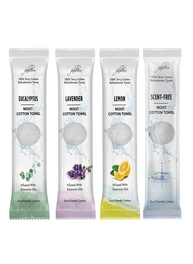 FabbPro Oshibori Moist Terry Cotton Refreshment Towels (100 Pack,8x8 Inches)-White Scented Pre-moistened Essential Oil Infused Towel to Use Hot or Cold - Unscented, Lavender, Lemon & Eucalyptus Scents - Image 1
