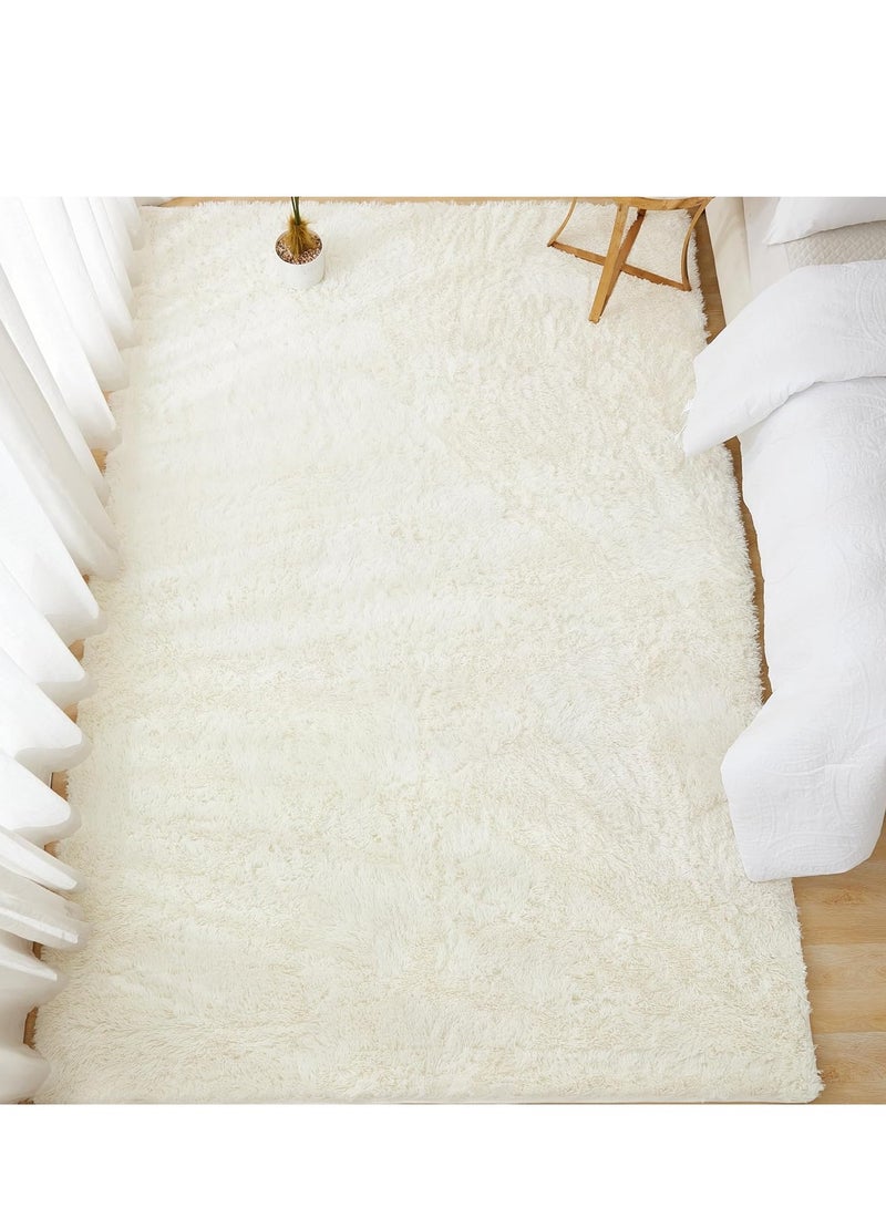 إسكدنيا سجادة منطقة شاج لغرفة المعيشة، سجاد داخلي ناعم من القطيفة المصبوغة بالربط لغرفة النوم، سجادة من الفرو الصناعي الناعم غير قابلة للانزلاق للغرفة (120 × 160 سم، أبيض نقي) - Image 3