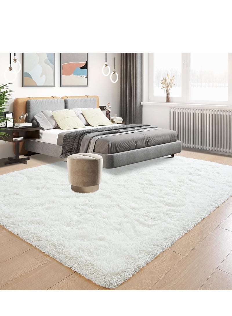 إسكدنيا سجادة منطقة شاج لغرفة المعيشة، سجاد داخلي ناعم من القطيفة المصبوغة بالربط لغرفة النوم، سجادة من الفرو الصناعي الناعم غير قابلة للانزلاق للغرفة (120 × 160 سم، أبيض نقي) - Image 4
