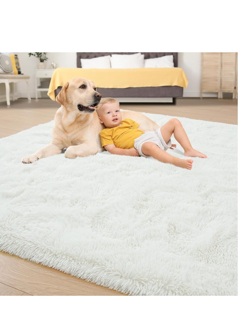 إسكدنيا سجادة منطقة شاج لغرفة المعيشة، سجاد داخلي ناعم من القطيفة المصبوغة بالربط لغرفة النوم، سجادة من الفرو الصناعي الناعم غير قابلة للانزلاق للغرفة (120 × 160 سم، أبيض نقي) - Image 5