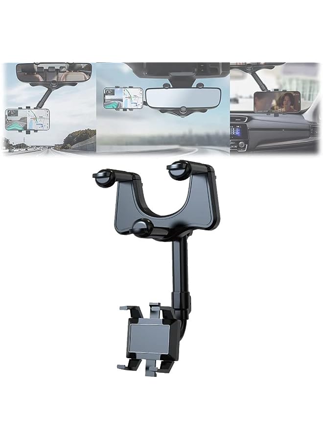 ECVV Car Phone Holder Mount, Rotatable and Retractable Car Phone Mount Rear View Mirror Mobile Holder, Sturdy Holder Phone Mount Fit with All Mobile Phones, Black - Image 1