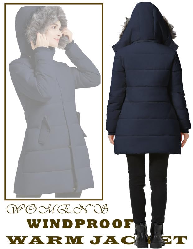 GGleaf Winter Coats for Women Hooded Warm Long Puffer Parka Jacket with Fur Hood Navy X-Large - Image 5