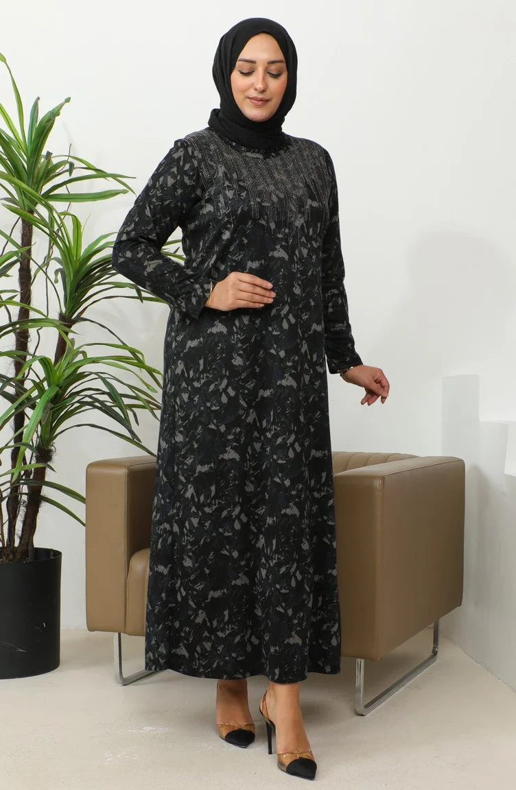 Sefa Merve Plus Size Stone Printed Patterned Dress 4425B-01 Navy Blue