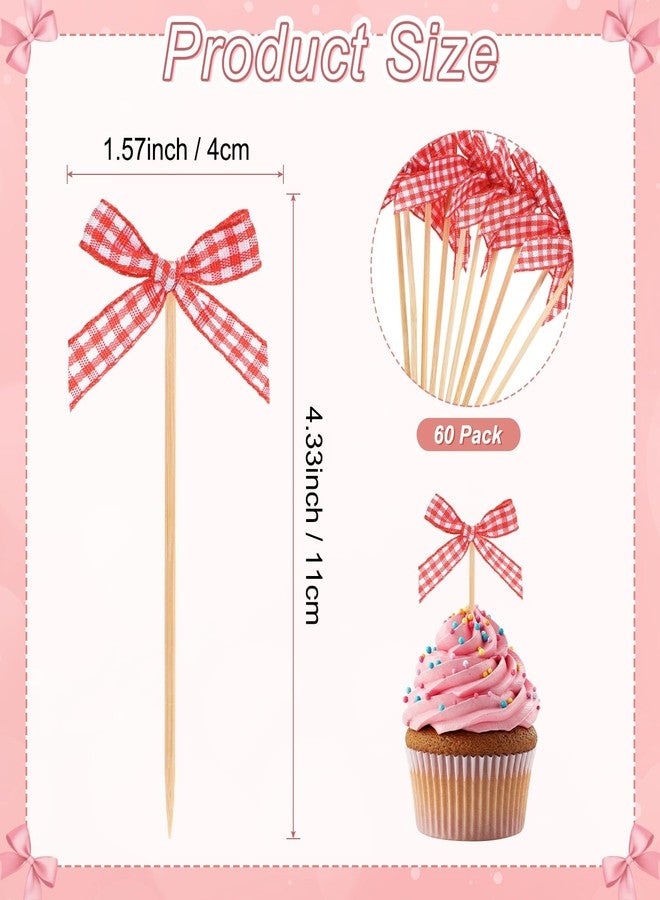 M METERXITY 60-Pack Bow Cupcake Toppers, Ribbon Bow Cake Toppers Plaid Bowknot Cupcake Picks Birthday Cake Decor for Bridal Shower/Wedding/Bachelorette Party/Birthday Decor [Red] - Image 3