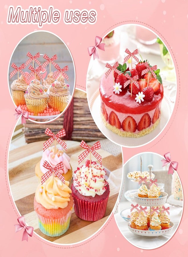 M METERXITY 60-Pack Bow Cupcake Toppers, Ribbon Bow Cake Toppers Plaid Bowknot Cupcake Picks Birthday Cake Decor for Bridal Shower/Wedding/Bachelorette Party/Birthday Decor [Red] - Image 5