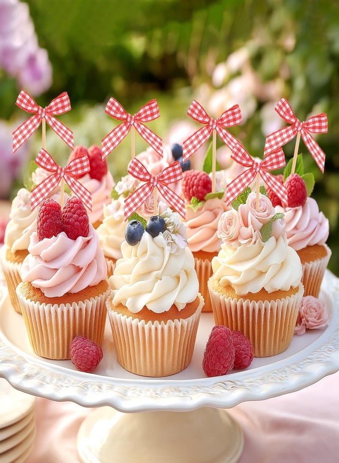M METERXITY 60-Pack Bow Cupcake Toppers, Ribbon Bow Cake Toppers Plaid Bowknot Cupcake Picks Birthday Cake Decor for Bridal Shower/Wedding/Bachelorette Party/Birthday Decor [Red] - Image 4