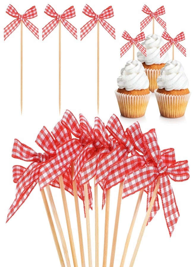 M METERXITY 60-Pack Bow Cupcake Toppers, Ribbon Bow Cake Toppers Plaid Bowknot Cupcake Picks Birthday Cake Decor for Bridal Shower/Wedding/Bachelorette Party/Birthday Decor [Red] - Image 1