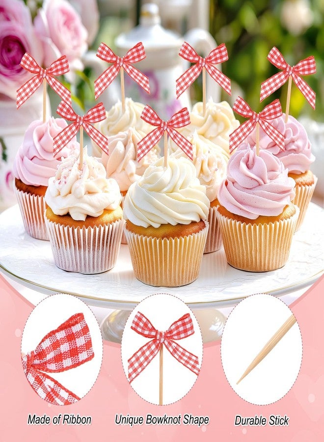 M METERXITY 60-Pack Bow Cupcake Toppers, Ribbon Bow Cake Toppers Plaid Bowknot Cupcake Picks Birthday Cake Decor for Bridal Shower/Wedding/Bachelorette Party/Birthday Decor [Red] - Image 2