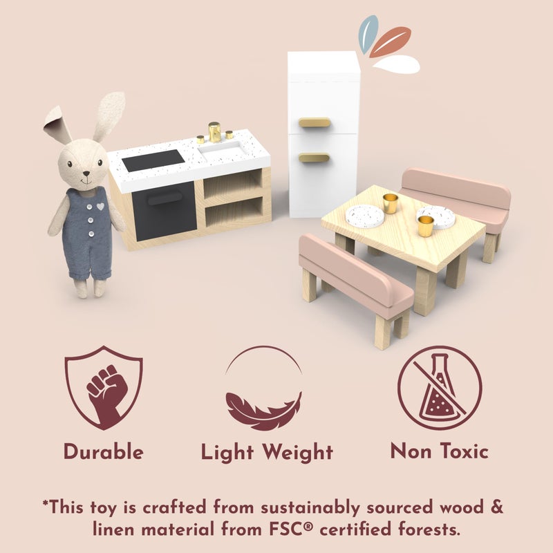 SPEEDY MONKEY Doll House Kitchen Playset with Bunny â€“ Miniature FSC Wooden Kitchen Furniture Set â€“ Dining Table, 4 Chairs, Fridge & Accessories â€“ Pretend Play Doll House Decor Toy for Kids & Girls - Image 4