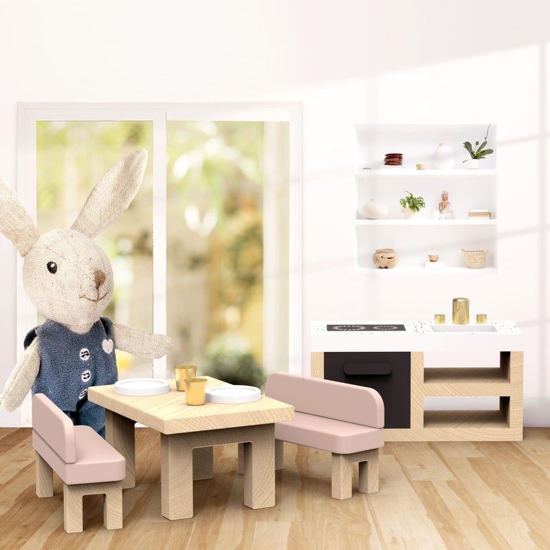 SPEEDY MONKEY Doll House Kitchen Playset with Bunny â€“ Miniature FSC Wooden Kitchen Furniture Set â€“ Dining Table, 4 Chairs, Fridge & Accessories â€“ Pretend Play Doll House Decor Toy for Kids & Girls - Image 2