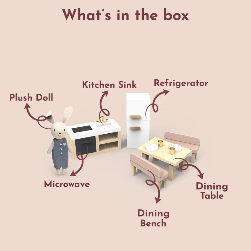 SPEEDY MONKEY Doll House Kitchen Playset with Bunny â€“ Miniature FSC Wooden Kitchen Furniture Set â€“ Dining Table, 4 Chairs, Fridge & Accessories â€“ Pretend Play Doll House Decor Toy for Kids & Girls - Image 3