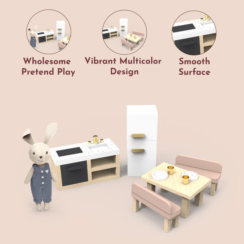 SPEEDY MONKEY Doll House Kitchen Playset with Bunny â€“ Miniature FSC Wooden Kitchen Furniture Set â€“ Dining Table, 4 Chairs, Fridge & Accessories â€“ Pretend Play Doll House Decor Toy for Kids & Girls - Image 5