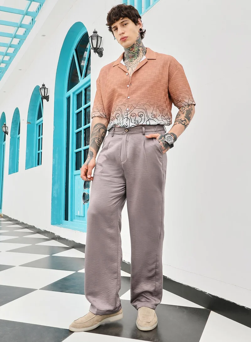 Campus Sutra Campus Sutra Men's Firewood Brown Creased-Pleated Straight Trousers | Mid-Rise , Straight Hem , Button Closure , Straight-Fit | Solid Creased | Polyester Blend Trouser For Casual Wear