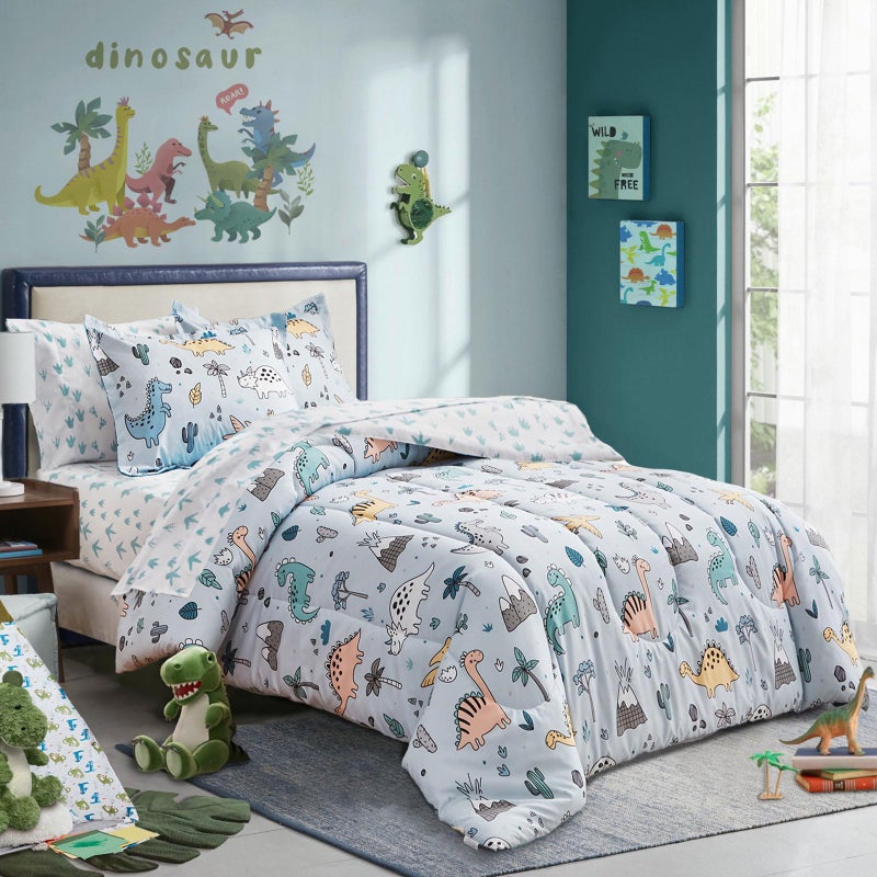Joyreap Joyreap 7 Piece Queen Size Bed in a Bag Colorful Dinosaur on Light Blue Soft Microfiber Comforter Set for Kids Boys n Girls 1 Comforter 2 Pillow Shams 1 Flat Sheet 1 Fitted Sheet 2 Pillowcases