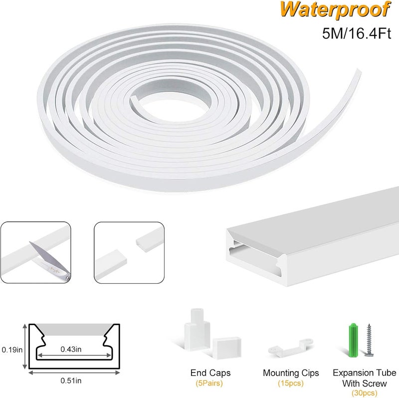 BIRRAY نظام قناة LED سيليكون 16.4 قدم/5 متر، شكل U 5x13 مم، ضوء نيون DIY، أنبوب مقاوم للماء IP67 لتركيب أضواء شريط 10 مم، لتزيين الأجواء الداخلية والخارجية (نقطة LED مرئية) - Image 2