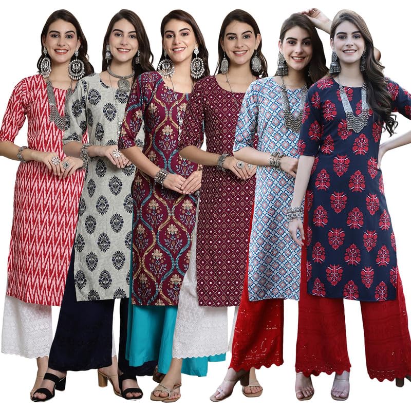 Tee Projekt Crepe Verstaile Straight Printed Kurti for Women's ll Casual Wear Kurti (Pack of 6) - Image 1