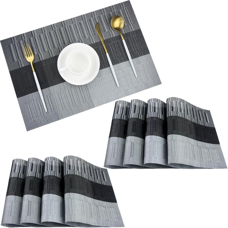 pigchcy Placemats Set of 8 Washable Durable Placemat Vinyl Heat Resistant Non-Slip Table Mats Indoor Outdoor (Black) - Image 1