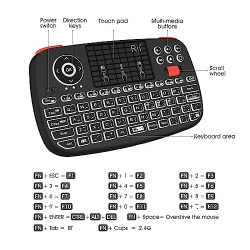 i4 Mini Bluetooth Keyboard with Touchpad for Smartphones and PC, Black ABS Plastic, Black with Backlit Keys, Portable Wireless Keyboard with 2.4G USB Dongle - Image 3
