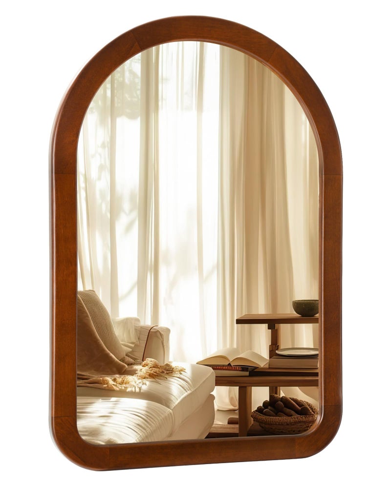 Culer Arched Mirror 22 x 30 Inch,Walnut Brown Wood Rustic Bathroom Tempered Wall Mirror with Wood Frame,Round Corner Arch Farmhouse Wooden Vanity Mirror for Living Room,Entryway or Bedroom - Image 1