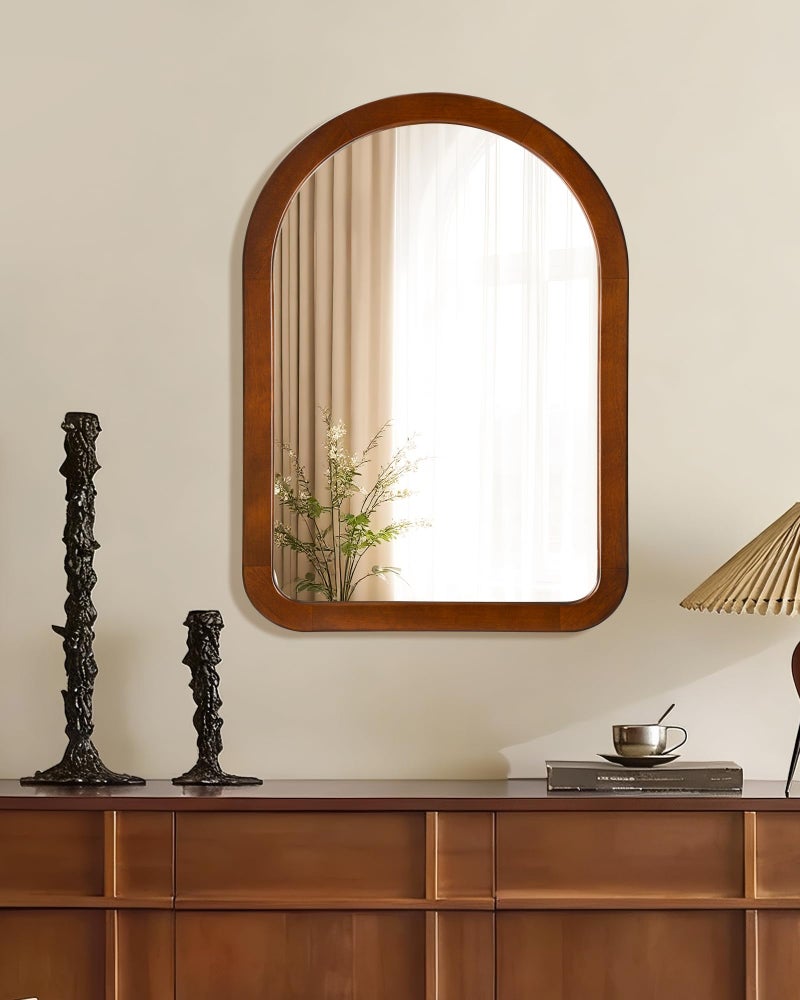 Culer Arched Mirror 22 x 30 Inch,Walnut Brown Wood Rustic Bathroom Tempered Wall Mirror with Wood Frame,Round Corner Arch Farmhouse Wooden Vanity Mirror for Living Room,Entryway or Bedroom - Image 3