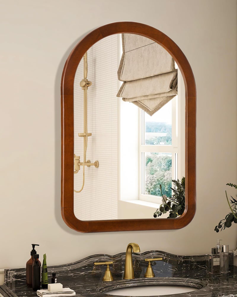 Culer Arched Mirror 22 x 30 Inch,Walnut Brown Wood Rustic Bathroom Tempered Wall Mirror with Wood Frame,Round Corner Arch Farmhouse Wooden Vanity Mirror for Living Room,Entryway or Bedroom - Image 4