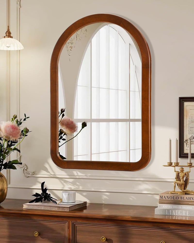 Culer Arched Mirror 22 x 30 Inch,Walnut Brown Wood Rustic Bathroom Tempered Wall Mirror with Wood Frame,Round Corner Arch Farmhouse Wooden Vanity Mirror for Living Room,Entryway or Bedroom - Image 2