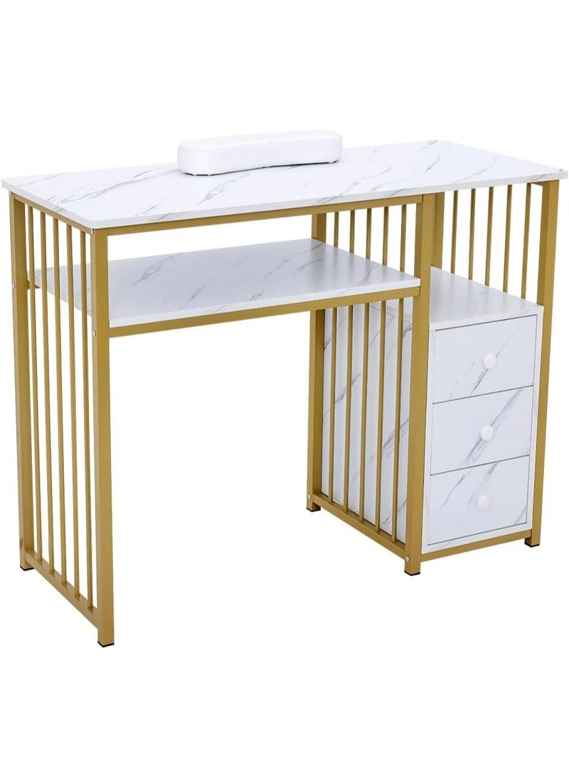 Meishida Manicure Table Nail Desk for Nail Art, Marbling Texture Nail Table Beauty Spa Salon Station, Nail Makeup Supplies Decor Workstation Acetone Resistant w/Handrest, Drawers 2-Tier Desktop  - Image 1