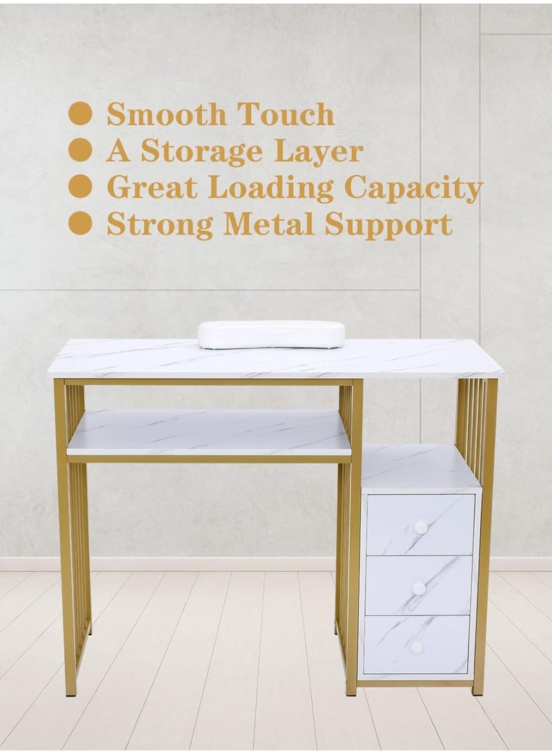Meishida Manicure Table Nail Desk for Nail Art, Marbling Texture Nail Table Beauty Spa Salon Station, Nail Makeup Supplies Decor Workstation Acetone Resistant w/Handrest, Drawers 2-Tier Desktop  - Image 2
