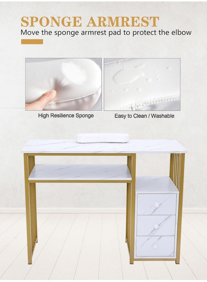 Meishida Manicure Table Nail Desk for Nail Art, Marbling Texture Nail Table Beauty Spa Salon Station, Nail Makeup Supplies Decor Workstation Acetone Resistant w/Handrest, Drawers 2-Tier Desktop  - Image 4