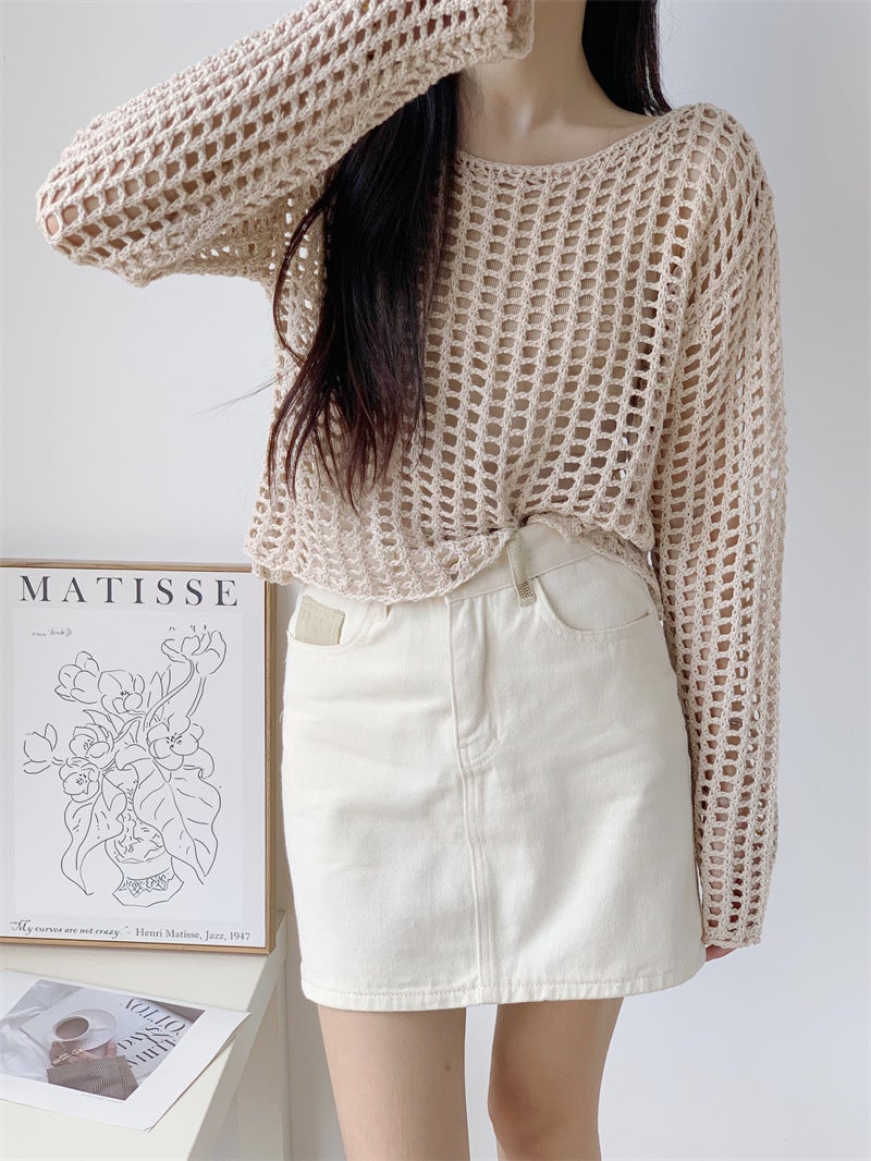 2023 new Korean style retro hollow sun protection solid color hollow sweater womens early autumn long sleeve Milk tea color
