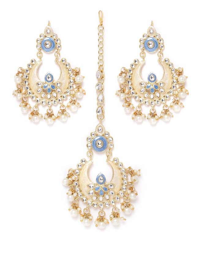 ZAVERI PEARLS Enamelling Blue and Gold Kundan and Pearls Base Metal Wedding Collection Earring and Maangtikka Set for Women ZPFK9747 - Image 2
