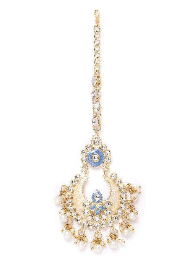 ZAVERI PEARLS Enamelling Blue and Gold Kundan and Pearls Base Metal Wedding Collection Earring and Maangtikka Set for Women ZPFK9747 - Image 5