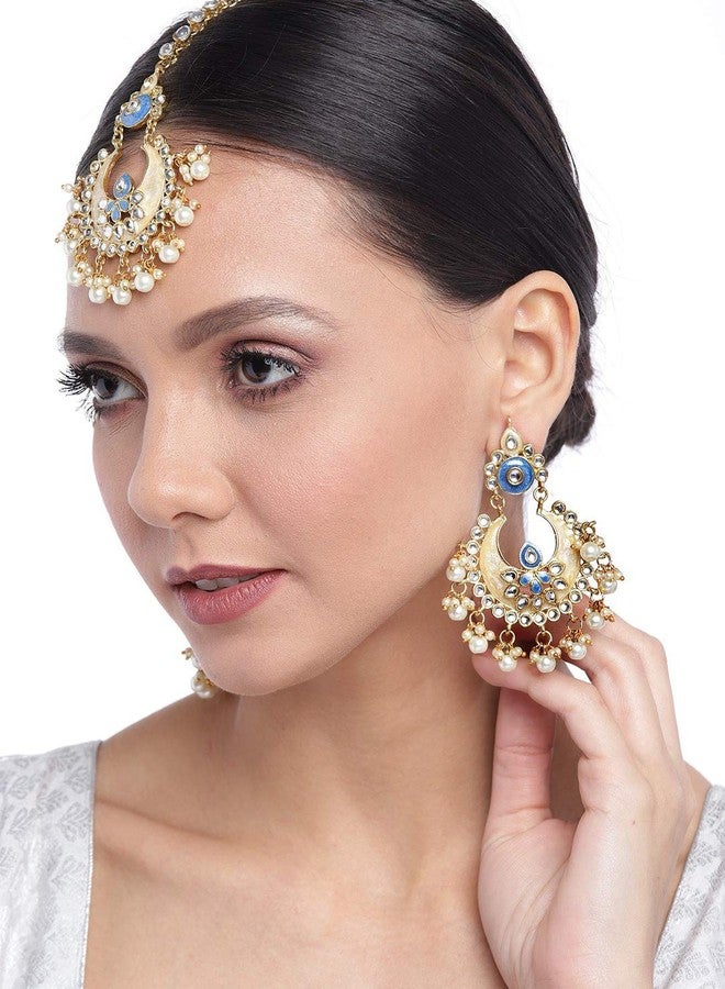 ZAVERI PEARLS Enamelling Blue and Gold Kundan and Pearls Base Metal Wedding Collection Earring and Maangtikka Set for Women ZPFK9747 - Image 3