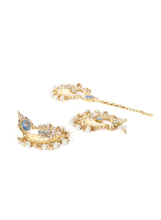 ZAVERI PEARLS Enamelling Blue and Gold Kundan and Pearls Base Metal Wedding Collection Earring and Maangtikka Set for Women ZPFK9747 - Image 4