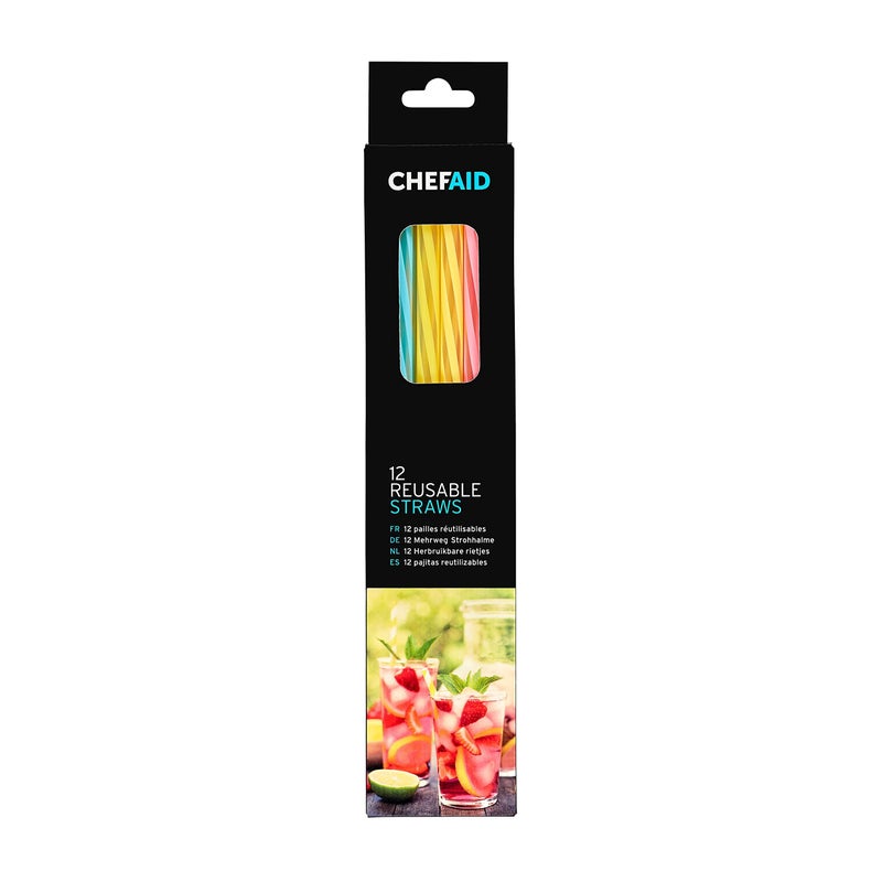 Chef Aid 12 Reusable Thick Plastic Drinking Straws Suitable for Hot and Cold Drinks Made from BPA Free Stong and Durable Plastic Each Pack Contain 4 Blue 4 Pink and 4 Yellow Straws