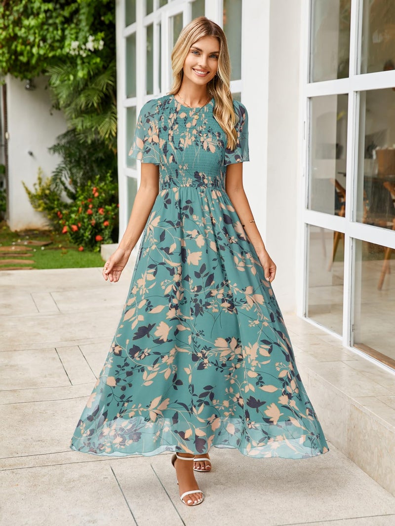 Simplee Apparel Womens Floral Maxi Dress Short Sleeve Summer Boho Wedding Guest Dress Empire Waist Chiffon Modest Midi Dresses (Lake Blue XL) - Image 5