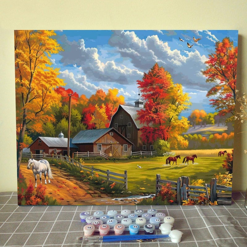 Tucocoo Paint by Number Kits 16 x 20inch America Farm Digital Paint by Number Horse Farm Autumn Forest DIY Oil Painting for Adults Beginner with Brushes Acrylic Pigment Cbin Cottage GiftsWithout Frame - Image 3