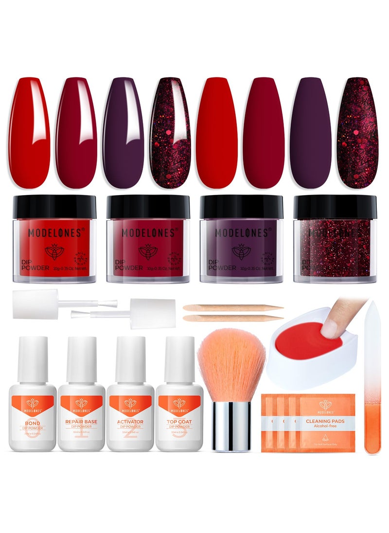 modelones - Modelones Dip Powder Nail Kit, 4 Colors Valentine's Day Red Purple Glitter Dipping Starter Set with Liquid and Accessories for French Nails Art Salon DIY at Home Manicure - Image 1