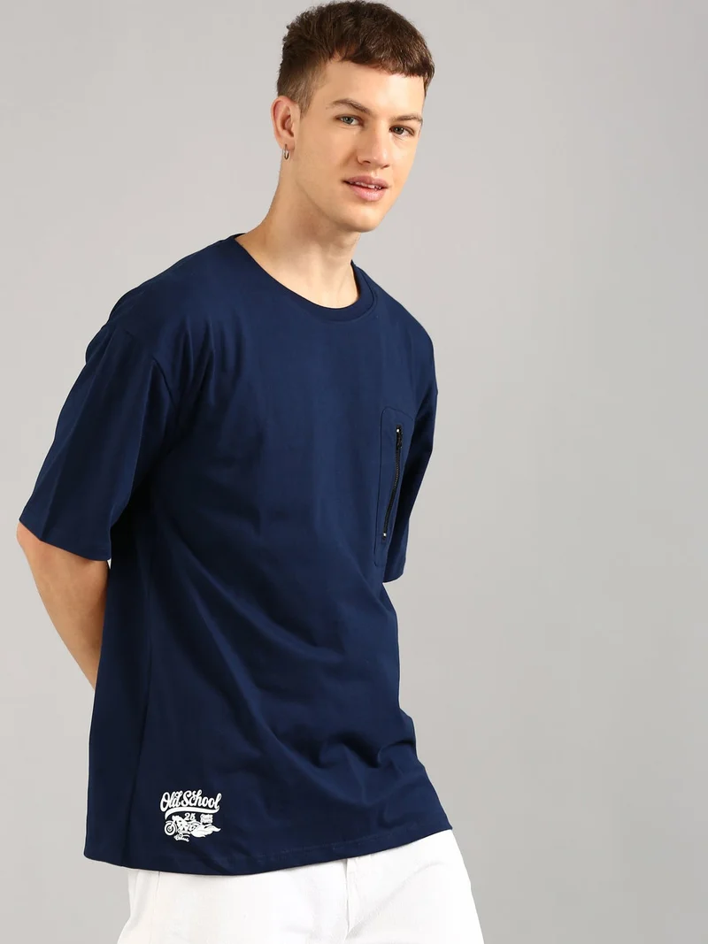 Joven Men Navy Blue Printed and Zipper Pocket Pure Cotton Oversized T-Shirt