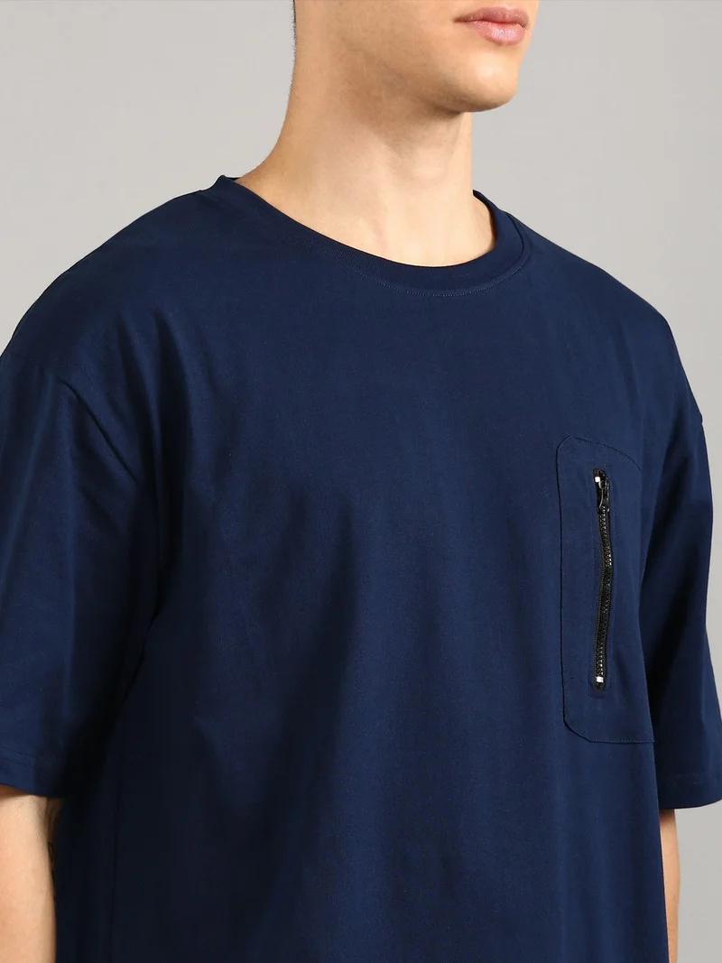 Joven Navy Blue Men Navy Blue Printed and Zipper Pocket Pure Cotton Oversized T-Shirt  | Best Price UAE