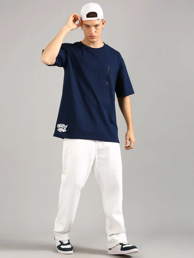 Joven Navy Blue Men Navy Blue Printed and Zipper Pocket Pure Cotton Oversized T-Shirt  | Best Price UAE