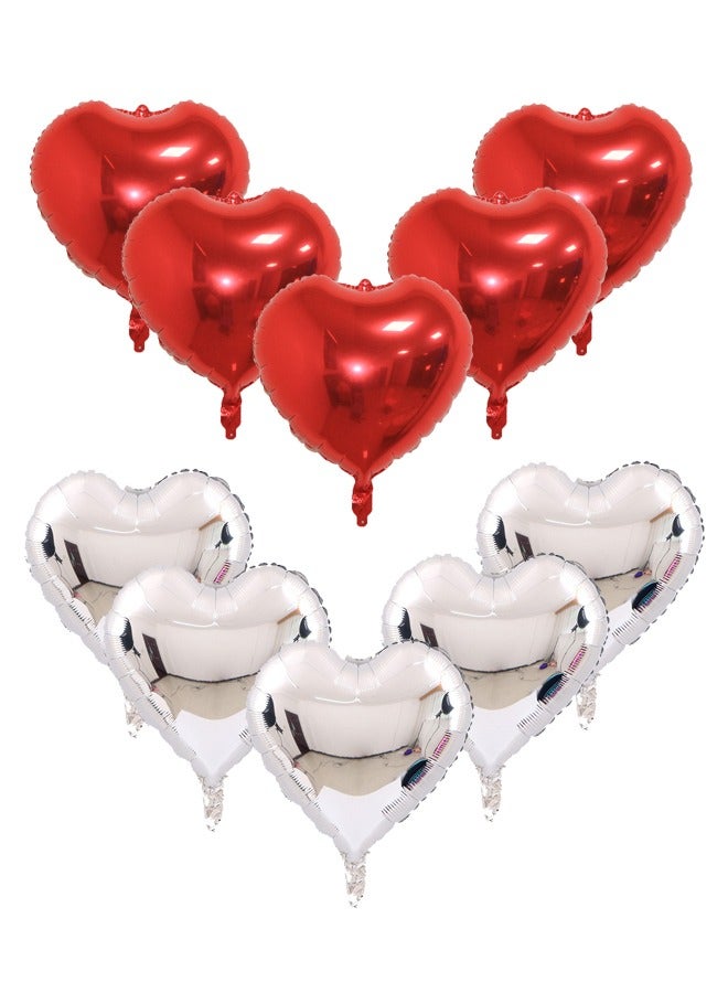 5 Pcs 18 Inch Red Heart Foil Balloons And 5 Pcs 18 Inch Silver Heart Foil Balloons - Image 1