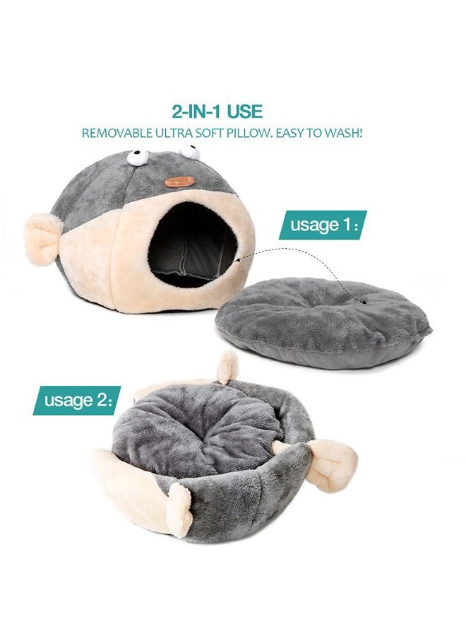Lcybem Cat Beds for Indoor Cats - Cat Bed Cave with Removable Washable Cushioned Pillow, Soft Plush Premium Cotton No Deformation Pet Bed, Lively Pufferfish Cat House Design, Grey, Multiple Sizes(L) - Image 4