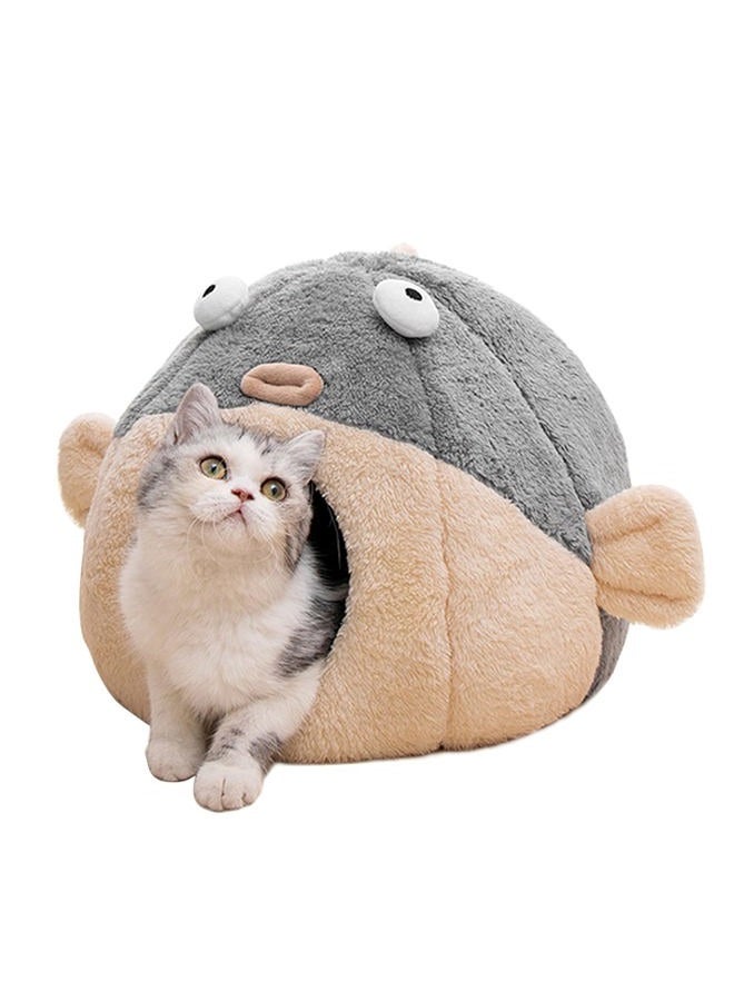 Lcybem Cat Beds for Indoor Cats - Cat Bed Cave with Removable Washable Cushioned Pillow, Soft Plush Premium Cotton No Deformation Pet Bed, Lively Pufferfish Cat House Design, Grey, Multiple Sizes(L) - Image 1